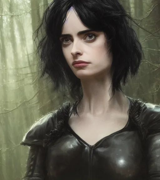 Image similar to 5 5 mm close up portrait photo of krysten ritter as yennefer of vengerberg in black leather armor and black hair, in a forest. magical atmosphere. art by greg rutkowski. lifelike. very detailed 8 k. intricate. soft light. nikon d 8 5 0.