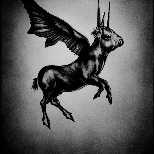 Prompt: flying pig with unicorn horn, derek hess style, black and white, 35mm, 8k