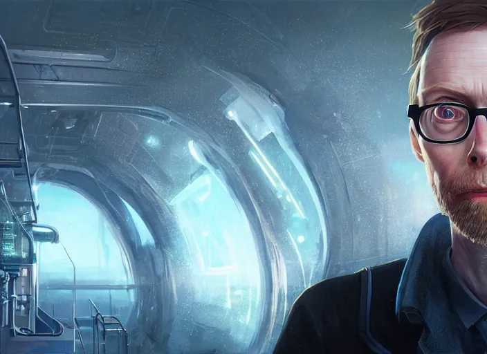 Prompt: highly detailed portrait of stephen merchant as a scientist, in detroit : become human, stephen bliss, unreal engine, fantasy art by greg rutkowski, loish, rhads, ferdinand knab, makoto shinkai and lois van baarle, ilya kuvshinov, rossdraws, tom bagshaw, global illumination, radiant light, detailed and intricate environment