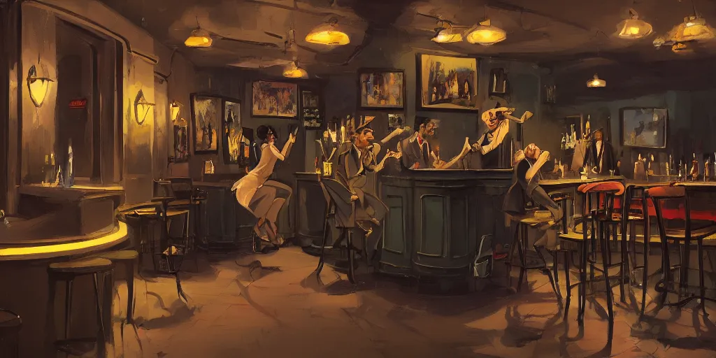 Prompt: a biped lady rat is working at the bar of a 4 0 s jazz club, warm color palette, night time, dramatic lighting, noir film, character sheet, fine details, high contrast, blacksad, kim jung gi, greg rutkowski, trending on artstation, 8 k, front view, back view, ultra wide angle