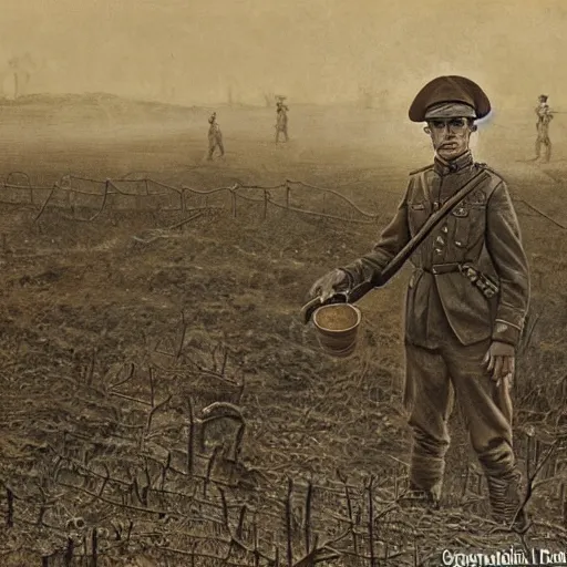 Prompt: ultra detailed photorealistic sepia - toned photograph from 1 9 1 7, a british officer in field gear standing at an archaeological dig site near megra, ultra realistic, painted, intricate details, lovecraft, atmospheric, dark, horror, brooding, highly detailed, by angus mcbride