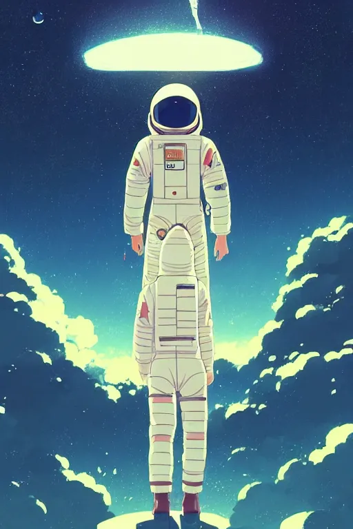 Image similar to cover of a astronaut by ilya kuvshinov, cloudy sky background lush landscape ln illustration concept art anime key visual trending pixiv by victo ngai fanbox by greg rutkowski makoto shinkai takashi takeuchi studio ghibli