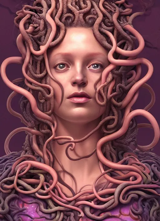 Image similar to medusa wax sculpture, art nouveau swirls, strong subsurface scattering, in the style of james jean and tomasz alen kopera, mystical colors, rim light, soft lighting, 8 k, stunning scene, raytracing, octane render, trending on artstation