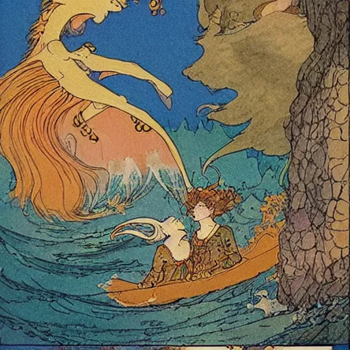 Image similar to an extremely colorful depiction of the wave scene from peter beagle ’ s the last unicorn, from a book of fairy tales illustrated by edmund dulac