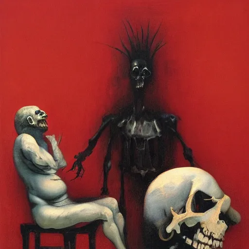 Prompt: dark figure hanging on wall and another dark figure laughing by Francisco Goya and Francis Bacon, vibrant red background, mythological painting, oil painting, triadic color scheme, very coherent, Figure laughing seated on a throne made out of a bear skeleton inside interior room, Beksinski painting, masterpiece, artstation