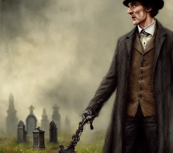 Image similar to sherlock holmes standing in a graveyard, soft colors, detailed, digital art, hd, by tom bagshaw, by fintan magee, by raymond swanland