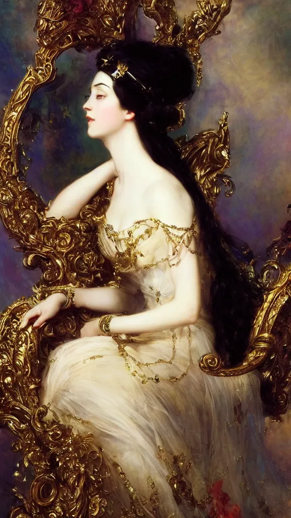 Image similar to a beautiful black haired woman with pale skin and a crown on her head sitted on an intricate metal throne by franz xaver winterhalter and delphin enjolras and rebecca guay