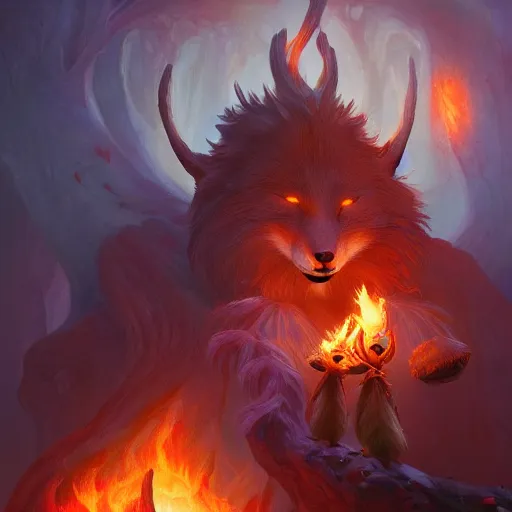 Image similar to anthropomorphic druidic fox in a vortex of flame, 8k resolution matte fantasy painting, cinematic lighting, DeviantArt Artstation, Jason Felix Steve Argyle Tyler Jacobson Peter Mohrbacher