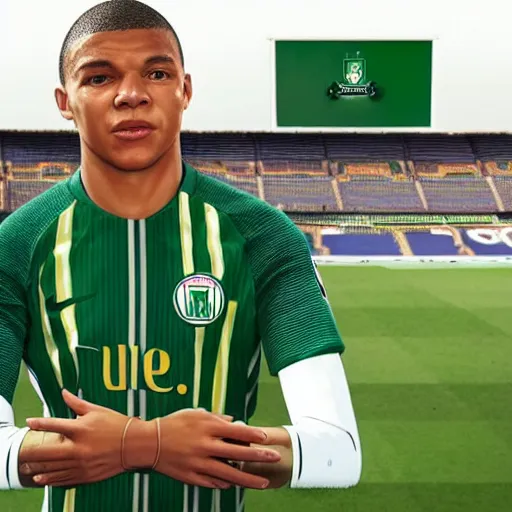 Image similar to kylian mbappe dressed with the betis football team shirt in the benito villamarin, 4 k extremely photorealistic, hyper detailed!!