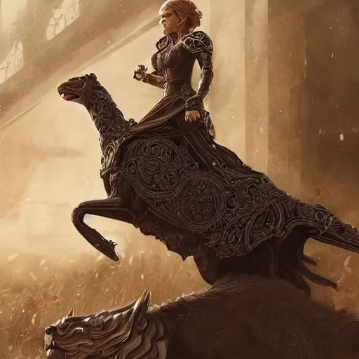 Image similar to full figure ultra realistic illustration, cersei lannister wearing battle armor and riding a lion, intricate, elegant, highly detailed, digital painting, artstation, concept art, smooth, sharp focus, illustration, art by artgerm and greg rutkowski and alphonse mucha