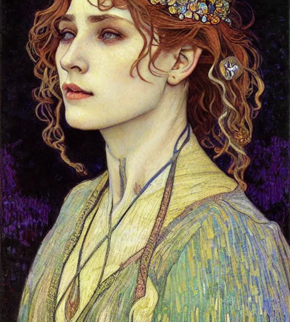 Image similar to detailed realistic beautiful young medieval queen face portrait by jean delville, alphonse mucha, vincent van gogh, and marco mazzoni, art nouveau, symbolist, visionary, gothic, pre - raphaelite