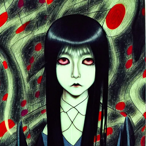 Image similar to yoshitaka amano blurred and dreamy realistic three quarter angle portrait of a woman with long white hair, black eyes and black lipstick wearing dress suit with tie, junji ito abstract patterns in the background, satoshi kon anime, noisy film grain effect, highly detailed, renaissance oil painting, weird portrait angle, blurred lost edges