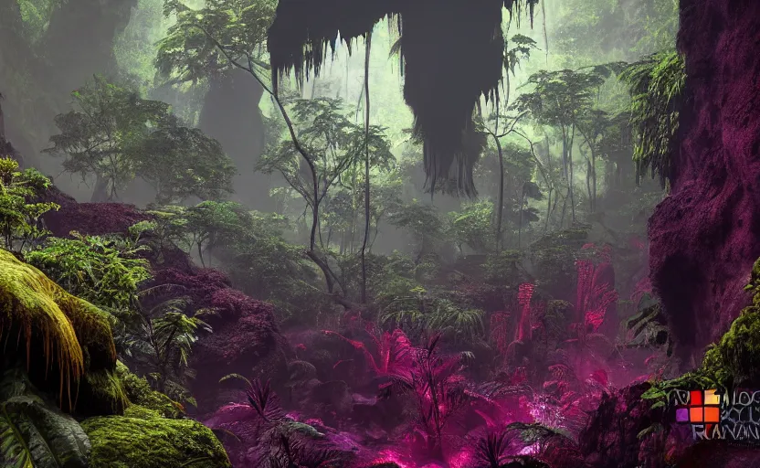 Prompt: a beautiful render of a dark prehistoric rainforest in a humongous cave, lush flora, patches of sky, magenta, green, sunset, floating mountains and a waterfall in the background, intricate detail, hazy, humid, volumetric lighting, 8 k, photorealistic, raytracing effects, unreal engine 5