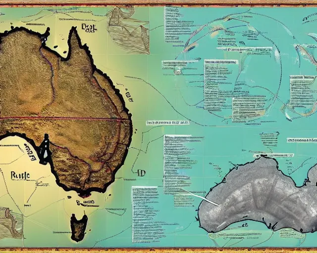 Image similar to recently rediscovered map of Australia with river systems and topology, lifelike, super highly detailed, professional digital painting, artstation, concept art, smooth, sharp focus, extreme illustration, Unreal Engine 5, Photorealism, HD quality, 8k resolution, cinema 4d, 3D, beautiful, cinematic, art by artgerm and greg rutkowski and alphonse mucha and loish and WLOP