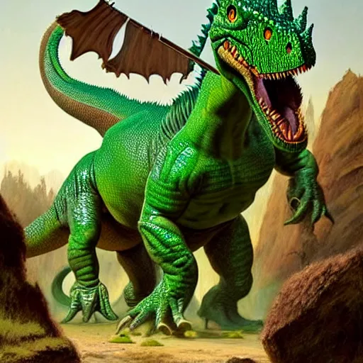 Prompt: A green scaly dinosaur! fighting with several realistic detailed cavemen with proportioned bodies, the cavemen are armed with spears, the caveman are in a fighting stance, the cavemen are wearing animal furs, coarse canvas, visible brushstrokes, intricate, extremely detailed painting by Greg Rutkowski