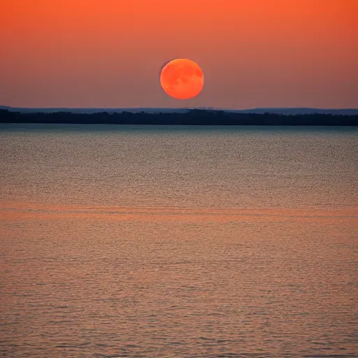 Prompt: orange full moon rising over the lake horizon at night, photograph, iso 1 0 0 0