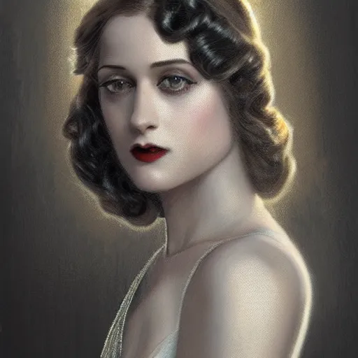 Image similar to full figure ultra realistic illustration, evan rachel wood wearing a 1 9 2 0 s flapper dress, 1 9 2 0 s hair, 1 9 2 0 s brooklyn, intricate, elegant, highly detailed, digital painting, artstation, concept art, smooth, sharp focus, illustration, art by artgerm and greg rutkowski and alphonse mucha