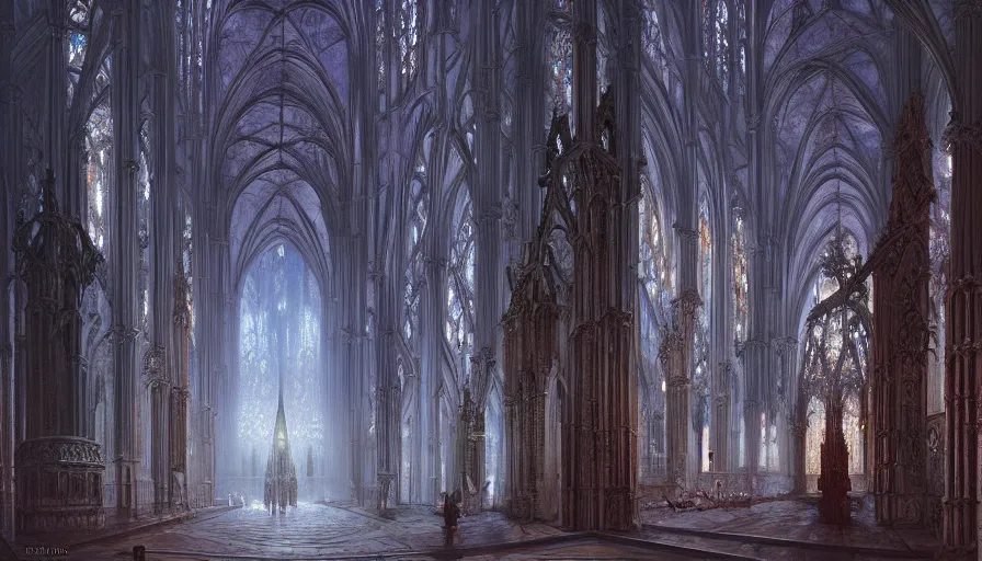 Image similar to atmospheric painting of a fractal gothic cathedral, by Marc Simonetti, oil on canvas, highly detailed, soft lighting