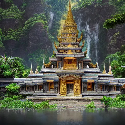 Prompt: 1 6 k unreal engine render of an ancient never seen before thailand high detail temple. complex architecture with intricate pilars. high detailed water., river, jungle background. afternoon light. hyper realistic render, digital illustration, trending on art station