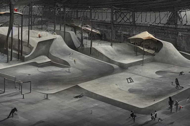 Image similar to dystopian skatepark, digital art, highly detailed, sharp, 4 k