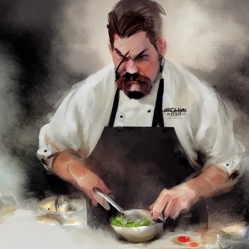 Prompt: A chef with a big mustache proundly making a soup, digital painting, artstation, concept art, Craig Mullins,