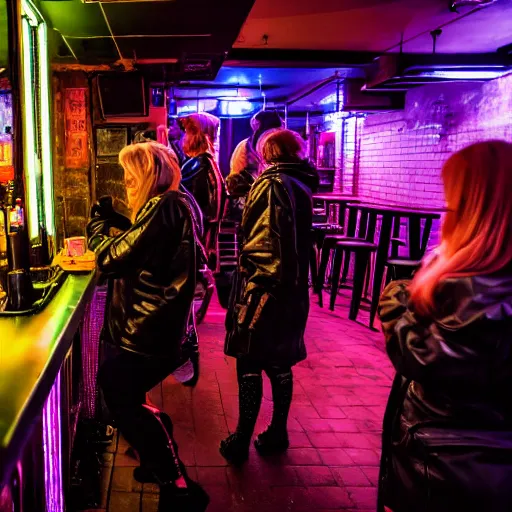 Prompt: photograph of a retro techwear group of women loitering near the bar of a packed busy rundown nightclub, retrofuturism, brutalism, cyberpunk, sigma 85mm f/1.4, 15mm, 35mm, long exposure, 4k, high resolution, 4k, 8k, hd, wide angle lens, highly detailed, full color, harsh light and shadow