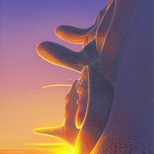 Image similar to bio-futurism,utopia,differential growth,beautiful sunset,michael whelan,photorealistic,detailed