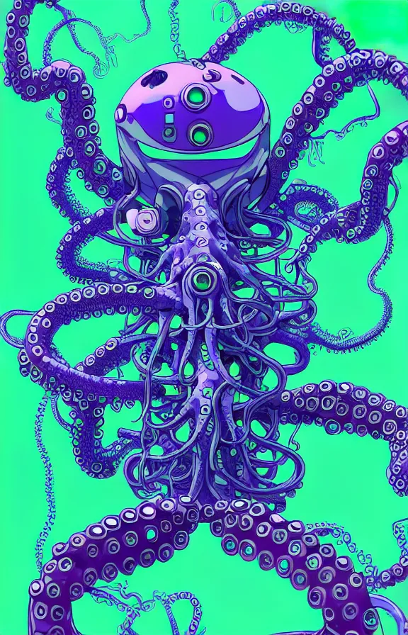 Image similar to robotic cyberpunk octopus by miyazaki, blue green purple color palette, illustration, kenneth blom, mental alchemy, james jean, pablo amaringo, naudline pierre, contemporary art, hyper detailed