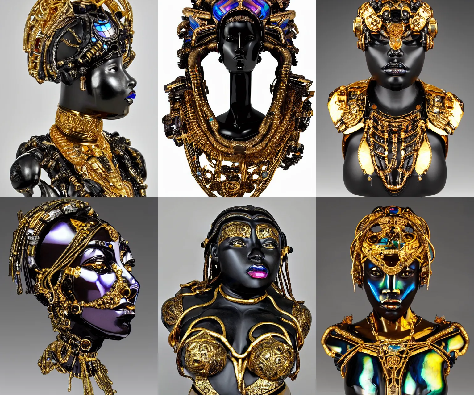 Prompt: iridescent onyx and gold bust of angry futuristic cyborg galactic himba young fat empress, organic cyborg, intricate, ornate, future baroque