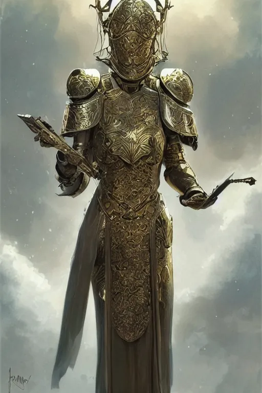 Prompt: a portrait of an attractive young female, ornate metallic helmet, clothed in battle armor, olive skin, long dark hair, beautiful bone structure, symmetrical facial features, intricate, elegant, highly detailed, digital painting, trending on Artstation, concept art, smooth, sharp focus, illustration, art by artgerm and greg rutkowski and alphonse mucha