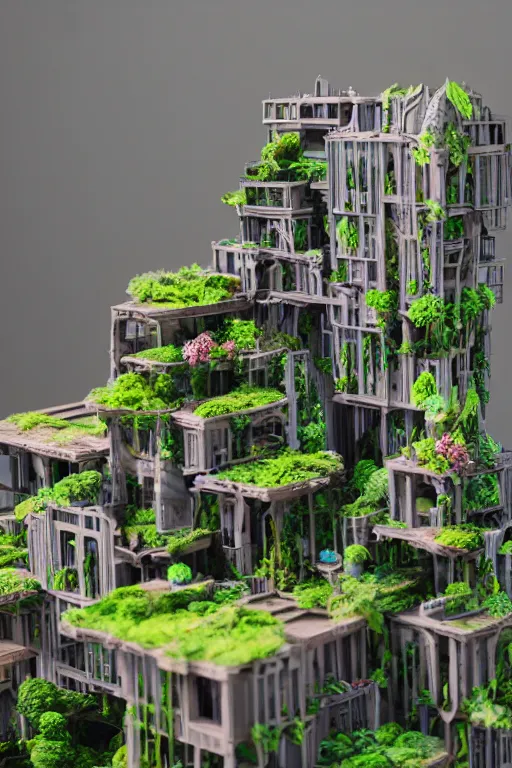 Image similar to 3 d printed physical model organic flowy including more than one city into one vertical building model that sits on a table in a room with a view back, multiple stories, wooden, with vegetation, colorful, eye - level view, 8 0 k, octane render, highly detailed 3 d render,