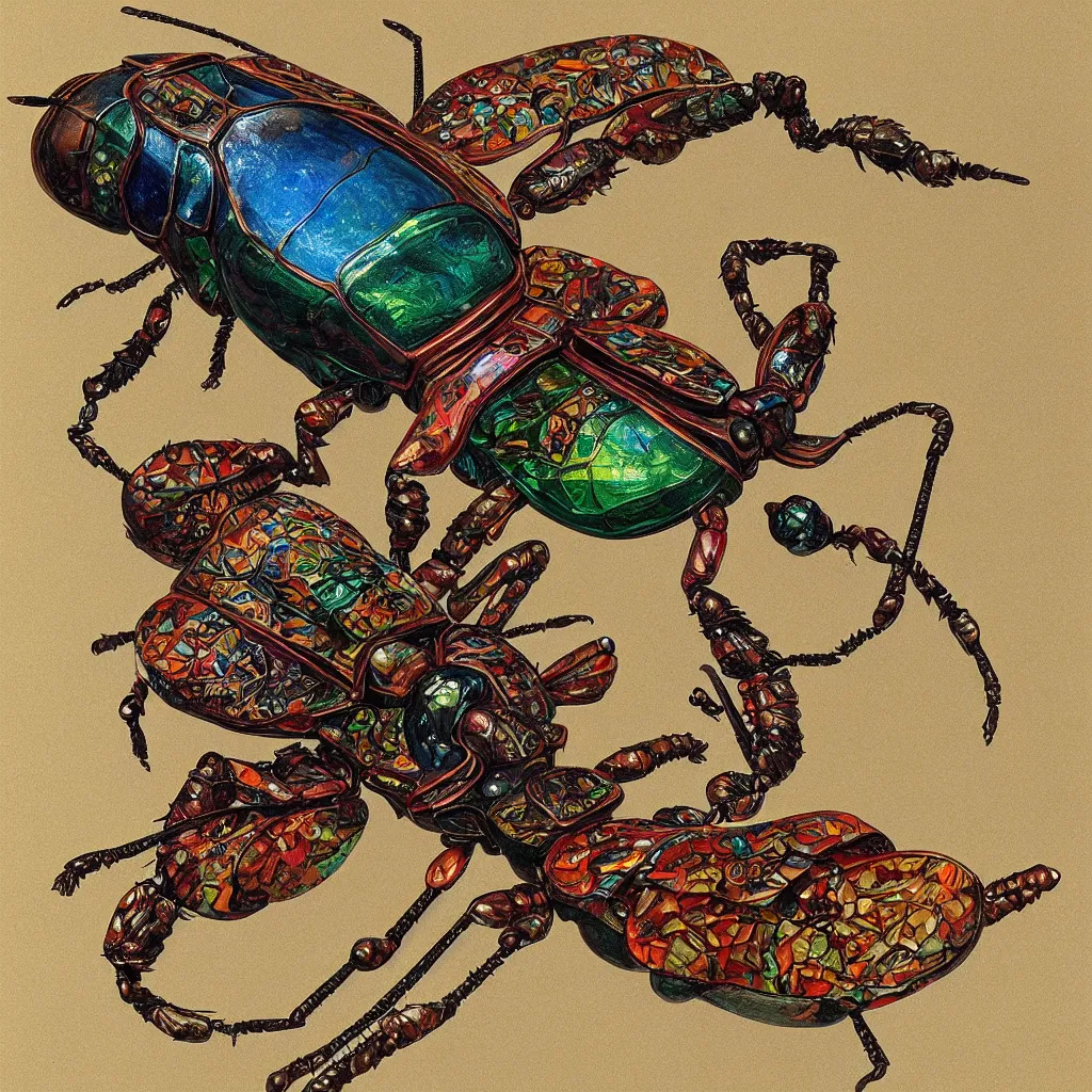 Prompt: A complex symmetric scarab insect, made of colored glass, detailed and intricate, by Norman Rockwell, peter mohrbacher, artgerm , 8k