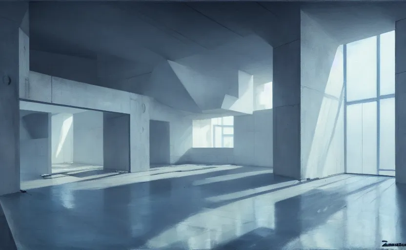 Prompt: painting of interior shot of a white concerete brutalist contemporary art museum by darek zabrocki and greg ruthkowski, cinematic and blue cold atmospheric, archillect concept art, artstation, trending on artstation