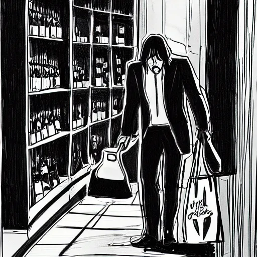 Prompt: a sketch of john wick grabbing milk at a store, dark, shadows, highly detailed,