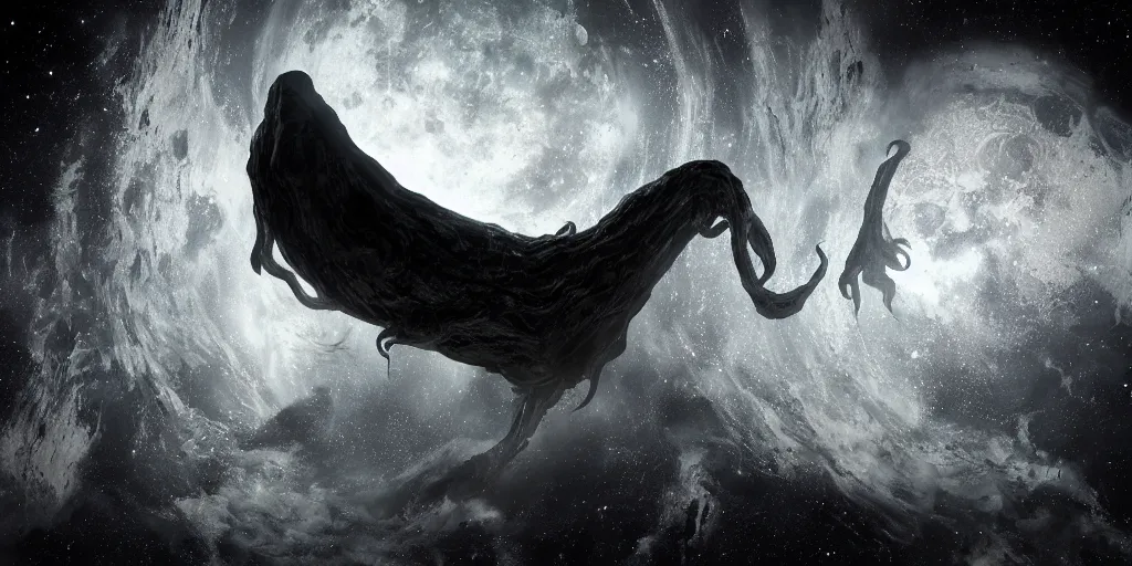 Prompt: giant Cthulhu silhouetted on surface of rocketship, photorealistic, wide-angle, long shot, epic, space, lunar backdrop