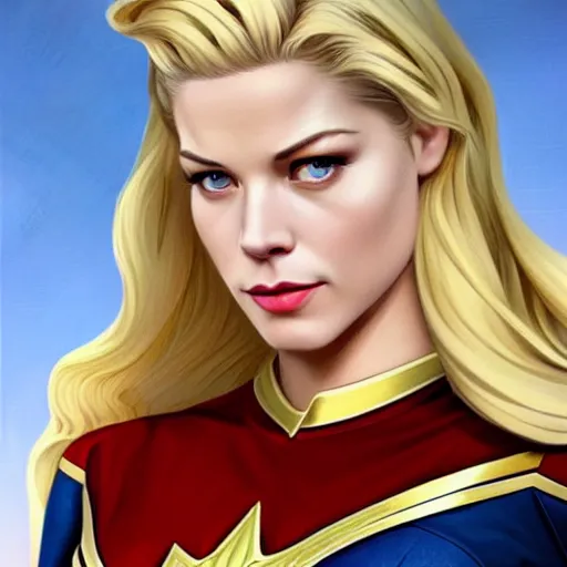 Image similar to A combination of Katheryn Winnick's and Grace Kelly's and Kristin Kreuk's faces with blonde hair as Captain Marvel, western, D&D, fantasy, intricate, elegant, highly detailed, digital painting, artstation, concept art, matte, sharp focus, illustration, art by Artgerm and Greg Rutkowski and Alphonse Mucha