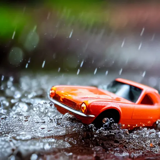 Image similar to macro photography of a toy hot wheels car driving through a creek in the rain, 3 5 mm