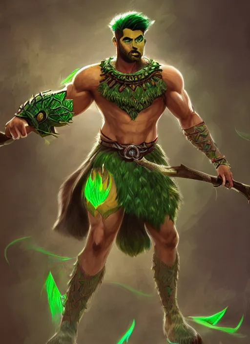 Prompt: a highly detailed illustration of fierce attractive young tanned green haired tribal boy wearing green wolf cape, heroic wielding club pose, muscular, intricate, elegant, highly detailed, centered, digital painting, artstation, concept art, smooth, sharp focus, league of legends concept art, wlop