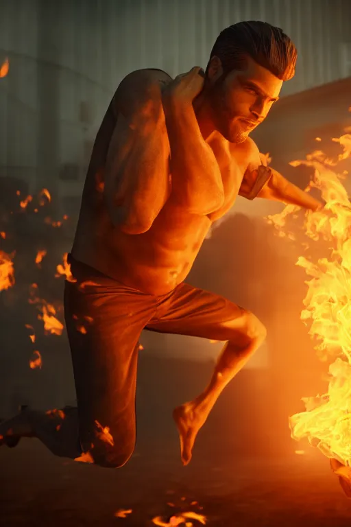 Image similar to a man so hot he is starting to catch on fire, 4 k, cinematic lighting, real shadows, high details, unreal render, summer evening