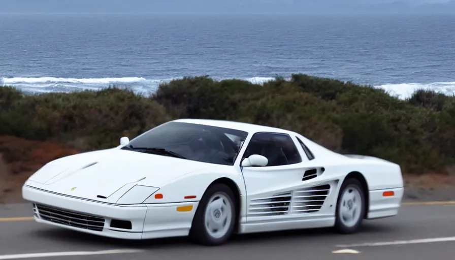 Prompt: a still of a white ferrari testarossa racing along the pacific coast highway, ocean in the background, 8 k,