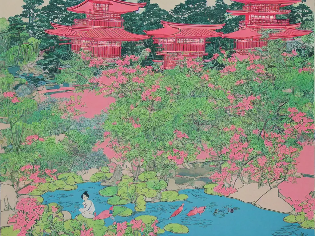 Prompt: image of a traditional japanese house with a garden, a pond in the garden, pink children are sitting around it, a combination of pop art and traditional japanese painting styles, the style of andy warhol and jackie tsai, bright palette, acrylic on canvas