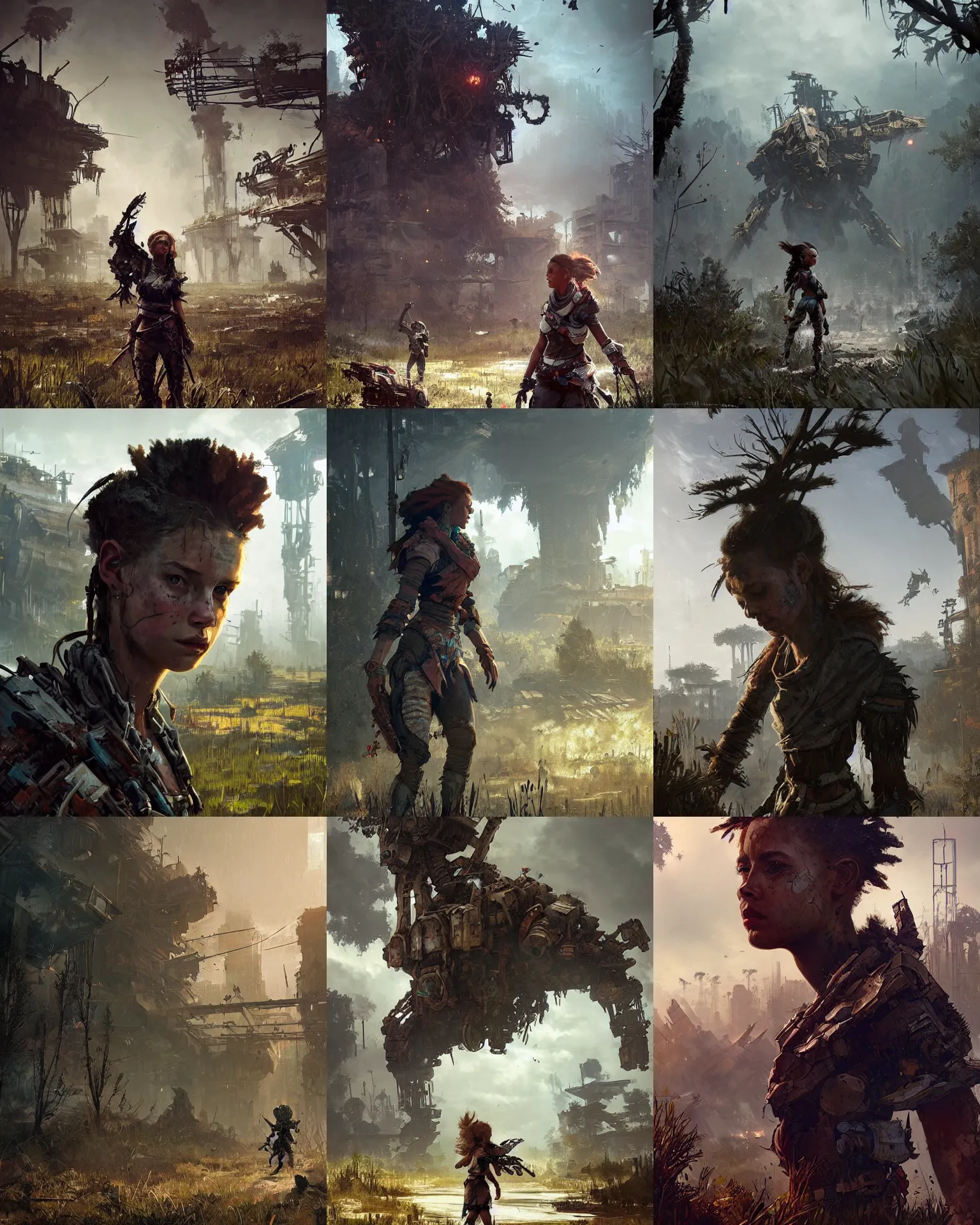 Prompt: a child playing in an overgrown post apocalyptic town, scifi character portrait by greg rutkowski, craig mullins, horizon zero dawn, fullbody portrait, cinematic lighting, dystopian scifi apocalypse