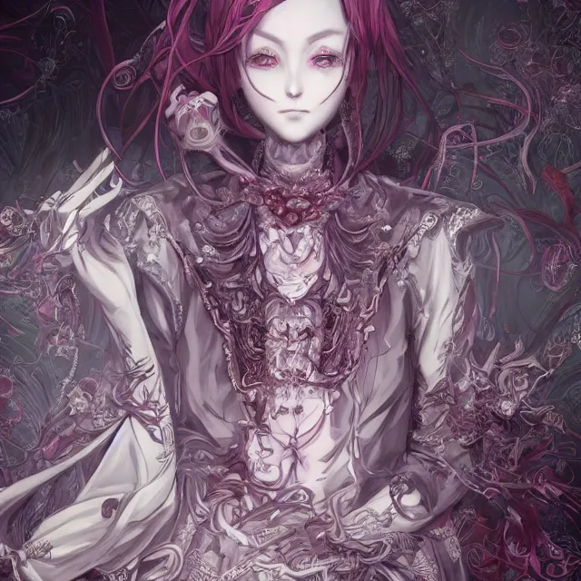 Image similar to the portrait of chaotic evil female necromancer as absurdly beautiful, gorgeous, elegant, sophisticated young anime girl, an ultrafine hyperdetailed illustration by kim jung gi, irakli nadar, intricate linework, bright colors, octopath traveler, final fantasy, unreal engine 5 highly rendered, global illumination, radiant light, detailed and intricate environment