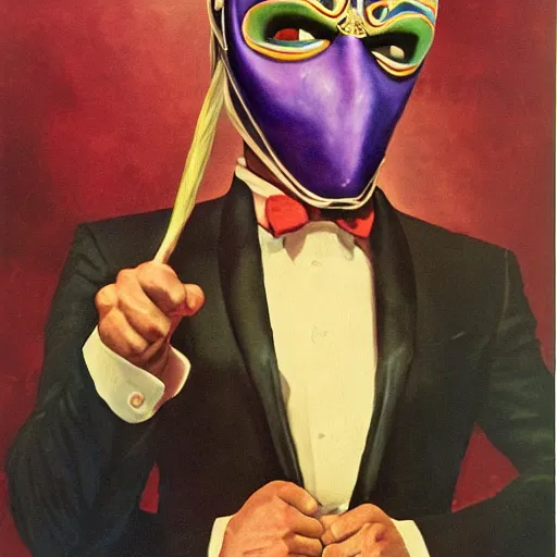 Image similar to a red bearded man wearing a purple luchadore mask and tuxedo, highly detailed, masterpiece, fantasy, pulp, illustrated, art by boris vallejo