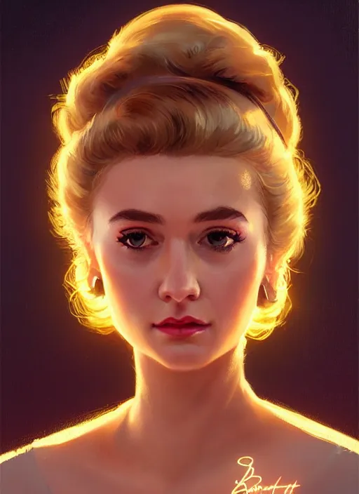 Image similar to portrait of betty cooper with fluffy bangs, bangs, 1 9 6 0 s, ponytail, curly bangs and ponytail, rounder face, intricate, elegant, glowing lights, highly detailed, digital painting, artstation, concept art, smooth, sharp focus, illustration, art by wlop, mars ravelo and greg rutkowski