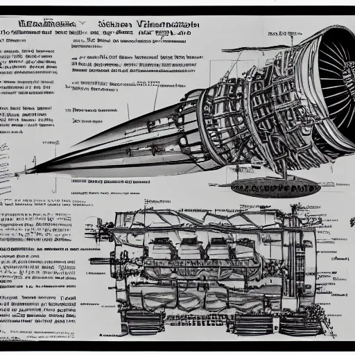 Prompt: archive blueprints of 1 9 4 0's nuclear powered spaceship engine