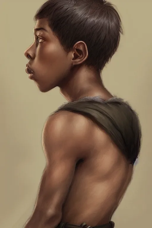 Image similar to young teenager boy with straight short brown hair, dark skin, big lips. highly detailed, d & d, fantasy, highly detailed, digital painting, trending on artstation, concept art, sharp focus, illustration, art by artgerm and greg rutkowski and fuji choko and viktoria gavrilenko and hoang lap