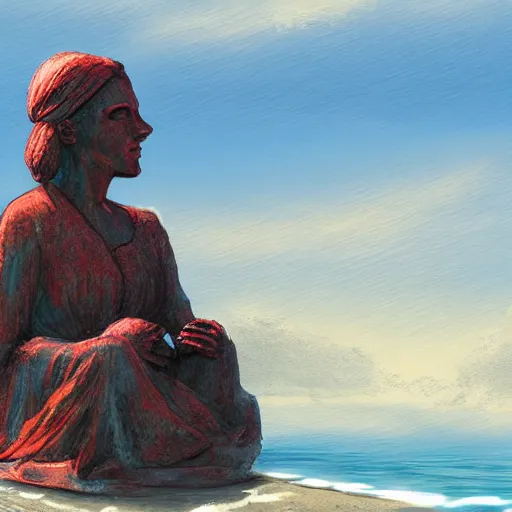 Prompt: a red statue in a sea shore, concept art