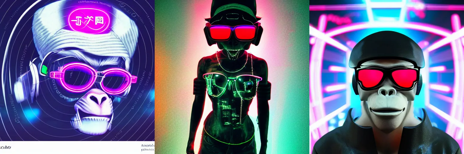 Prompt: cyborg synthwave cyberpunk neon glasses japanese monkey wearing a hat, 8k, very detailed,
