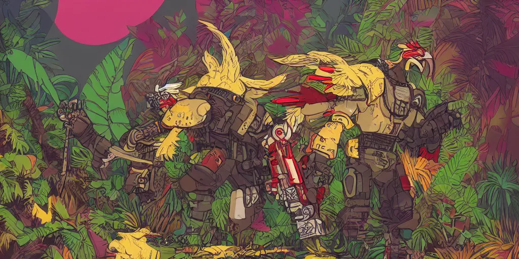 Prompt: colorful illustration of a fully armoured fighting rooster in a dense jungle, mix of styles, dieselpunk, angry, aggressive, blood, ghost in the shell color scheme